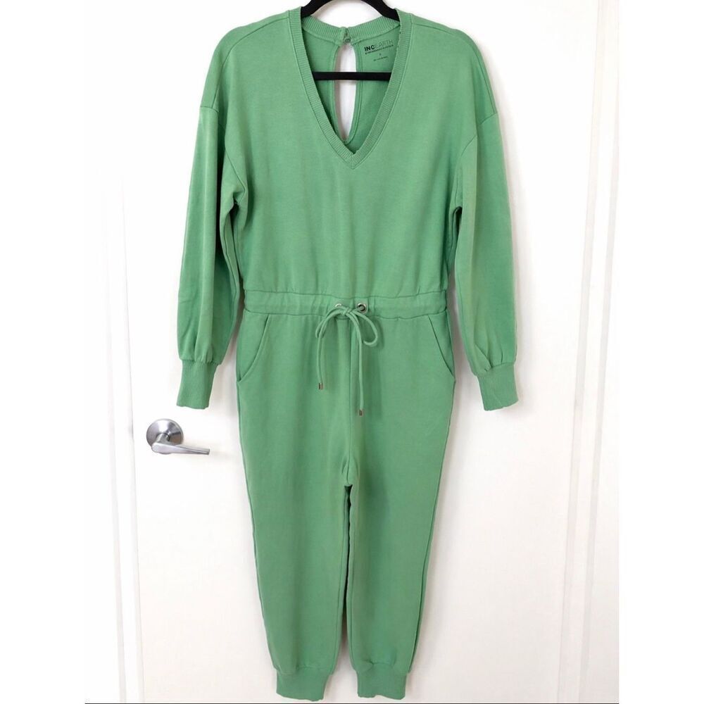 INC Earth Mint Green Jogger Jumpsuit Womens Small Drawstring Lounge Athleisure